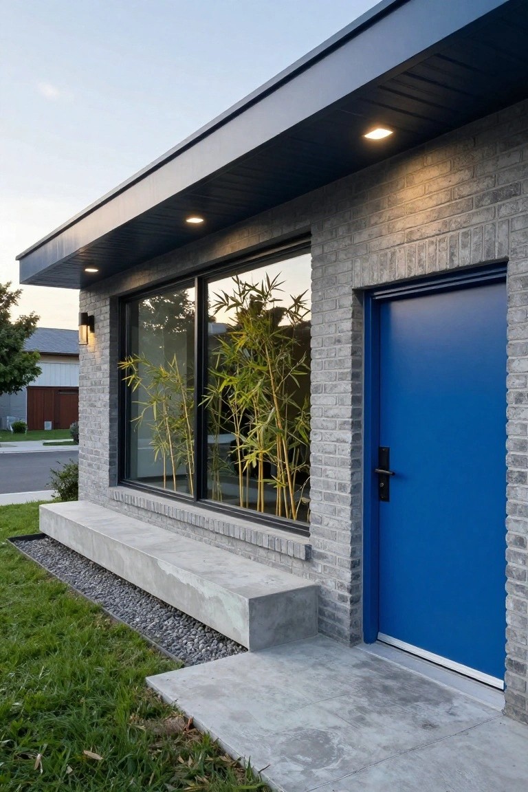 Grey brick house exterior with a blue steel front door, large black-framed window reflecting bamboo plants, concrete stoop and steps, gravel border, and grass lawn.