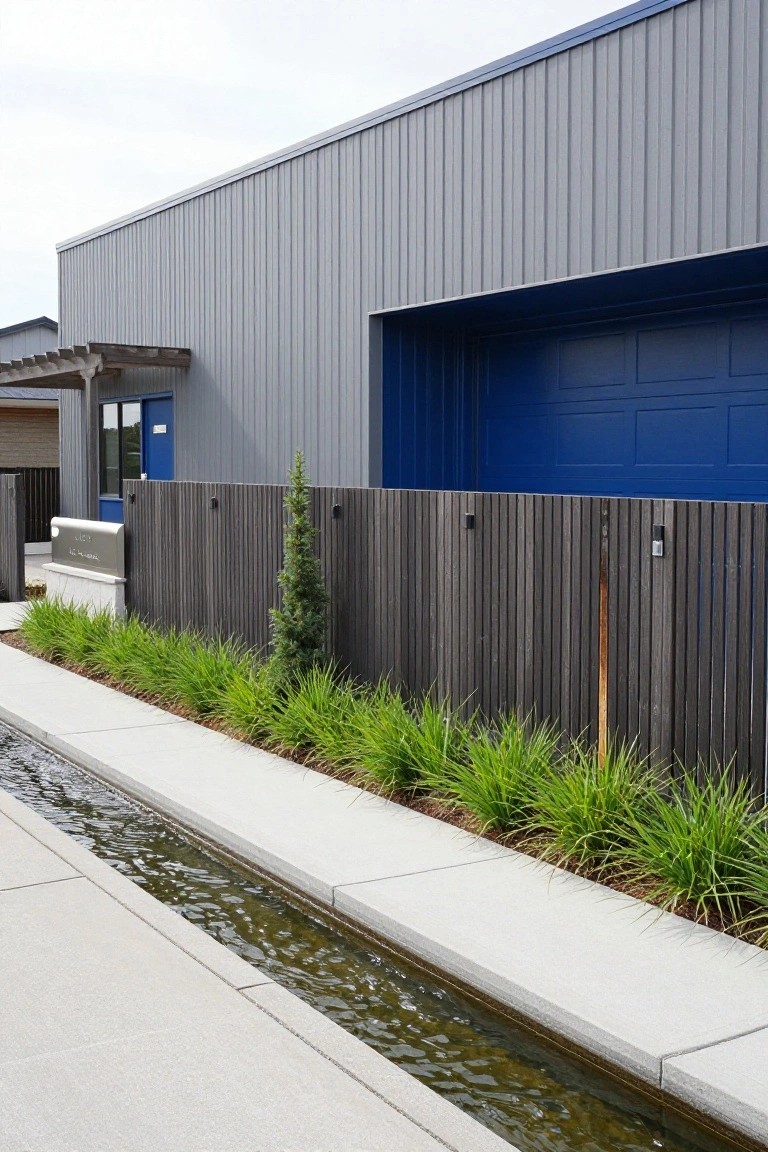 Side view of a grey corrugated metal building with a recessed blue panel garage door, dark slatted wooden fence, small evergreen tree, ornamental grasses, and narrow water channel along a concrete walkway.