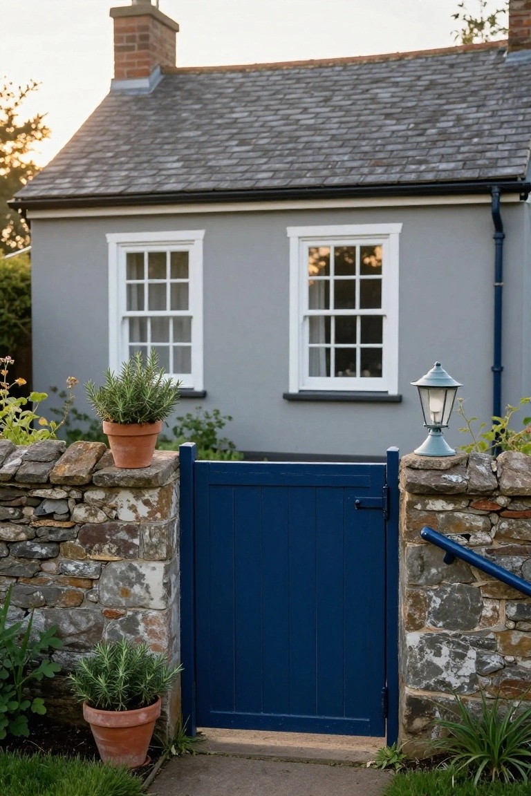 Grey two-story cottage with slate roof, white sash windows, deep blue wooden gate in stone wall, potted rosemary plants on pillars, and lantern light post.