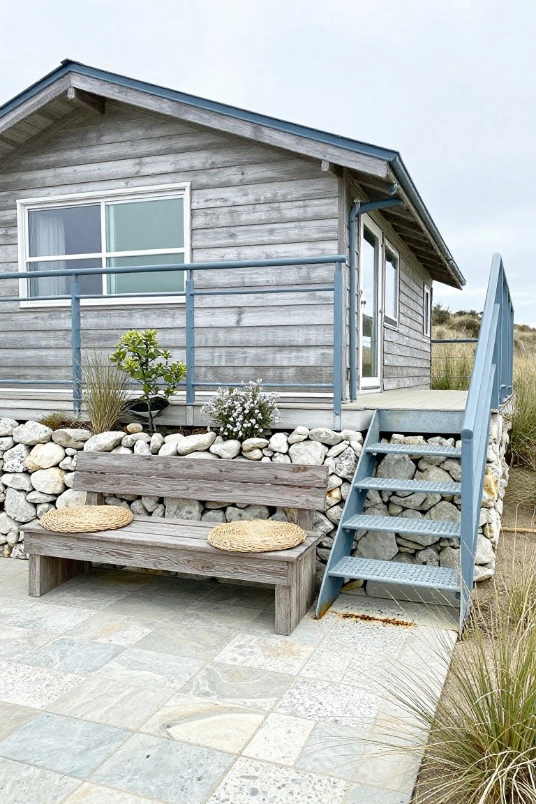 Side view of a small gray wooden cabin elevated on a rock retaining wall with blue metal roof, railings, and stairs, a weathered wooden bench with woven seat cushions nearby, surrounded by dune grasses and plants.