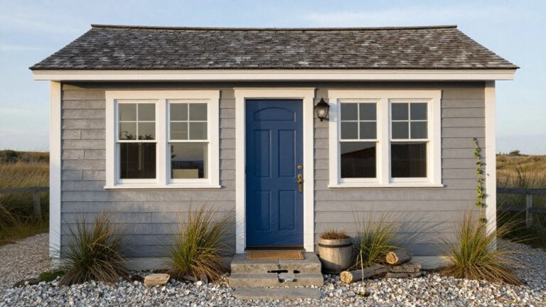 Small cottage exterior with grey shingle siding, navy blue front door and window trim, wall lantern, potted grasses in wooden planters, stone entry steps, and gravel ground cover.