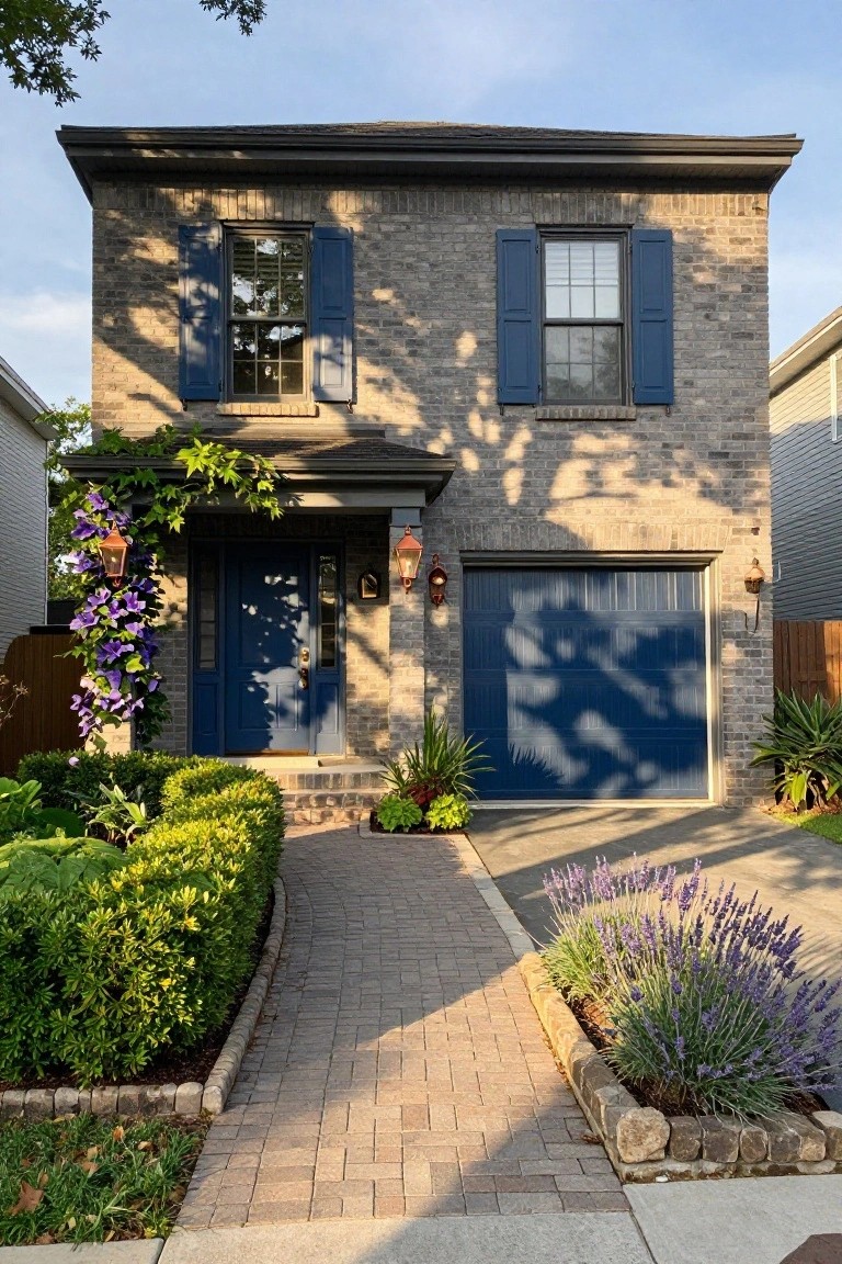 A two-story light grey brick house with navy blue front door, matching shutters and garage door, flanked by climbing purple wisteria, potted plants, boxwood shrubs, lavender beds, and a curved brick pathway.