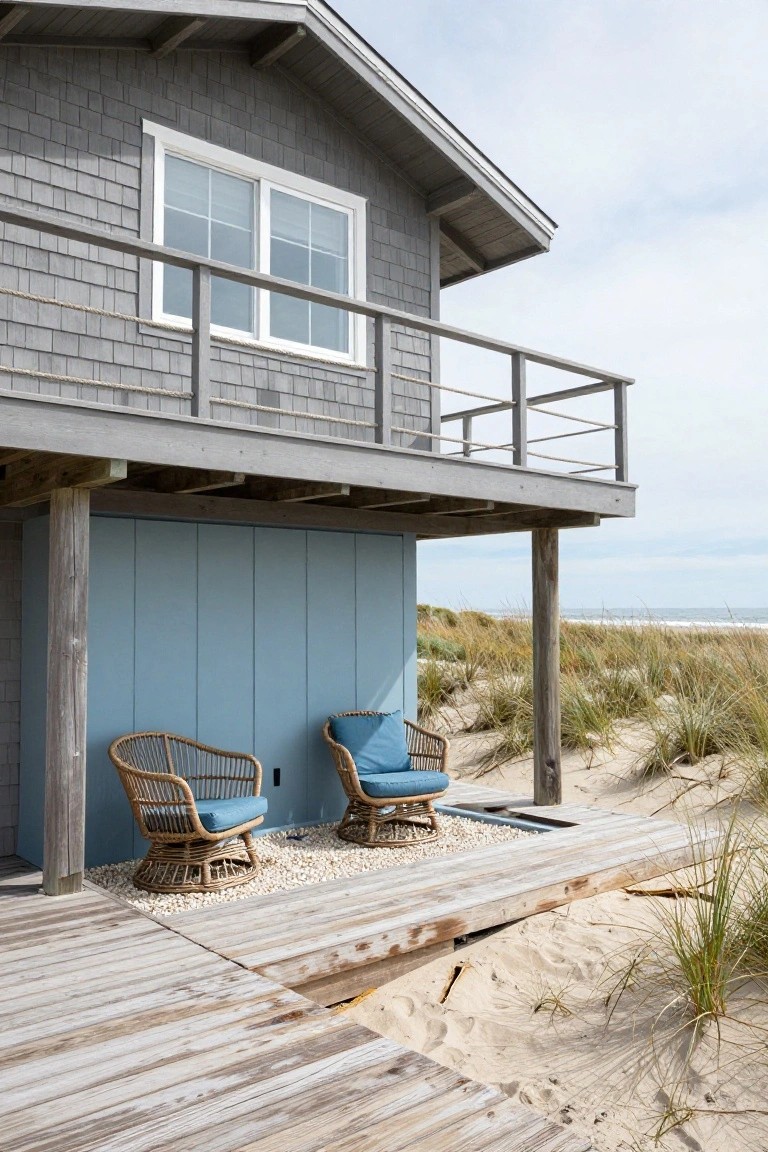 Side view of a two-story grey shingle beach house elevated on wooden pilings with a blue paneled lower wall, second-story balcony with rope railings, wooden deck holding two blue-cushioned wicker chairs, sand dunes, beach grass, and ocean in the background.