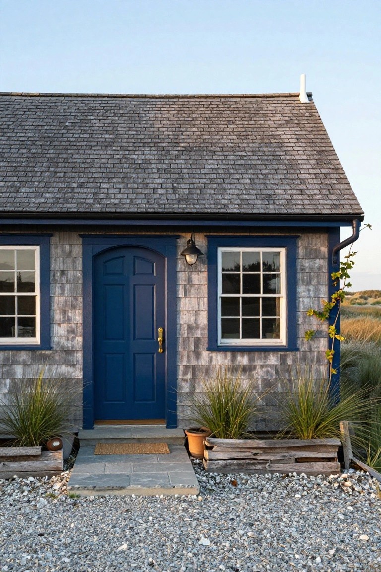 Small cottage exterior with grey shingle siding, navy blue front door and window trim, wall lantern, potted grasses in wooden planters, stone entry steps, and gravel ground cover.