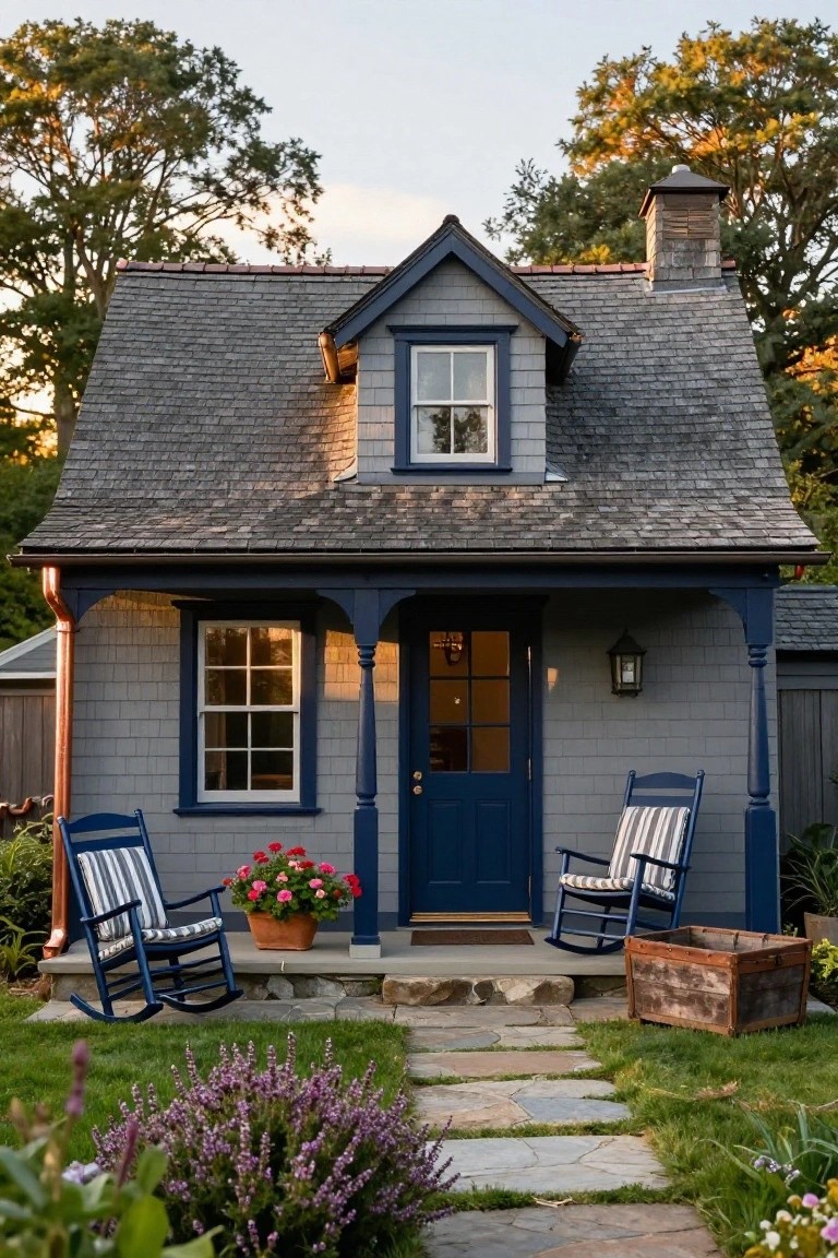 Small grey shingle-sided cottage with navy blue trim on windows, door, and porch posts, two blue rocking chairs with cushions on the porch, potted red geraniums, wooden crate planter, lavender garden beds, and stone path.