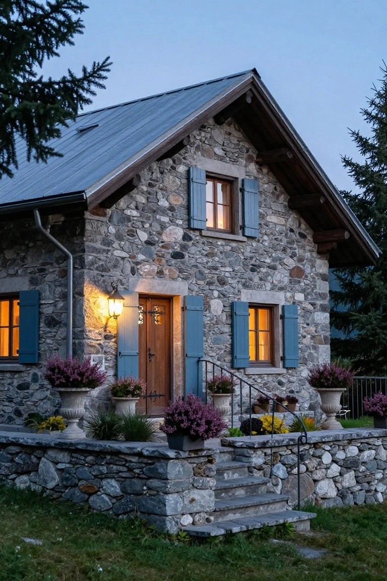 Stone chalet house exterior with grey stacked stone walls, blue wooden shutters on windows, wooden front door with iron hardware, lantern light, potted plants and flowers around stone steps and base, pine trees nearby at dusk.