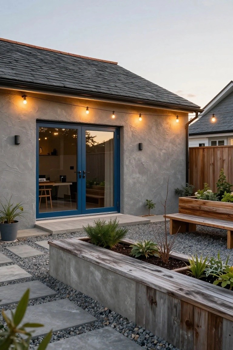 Small grey stucco outbuilding with blue double doors, flanked by wall lights and string lights, adjacent to a wooden bench, raised planter with plants, gravel ground cover, and stone pavers in a backyard at dusk.
