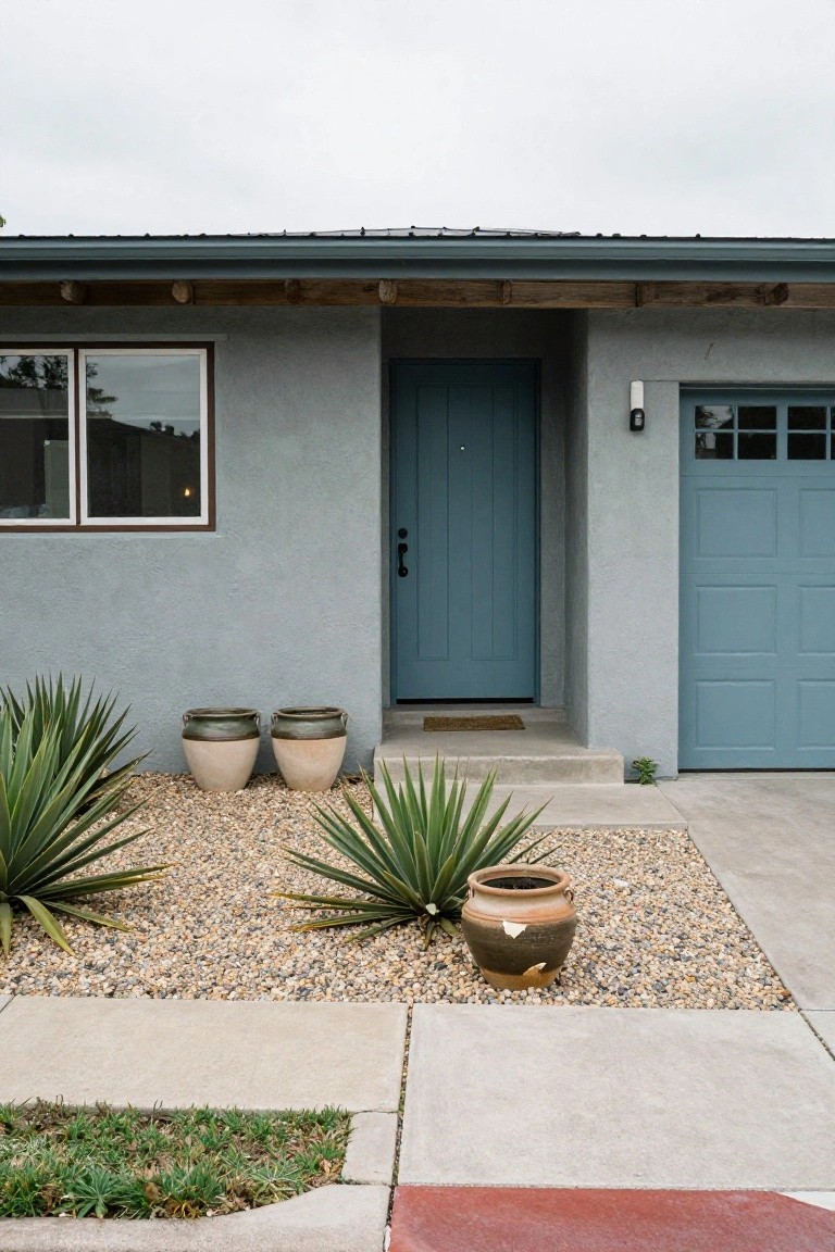 Front view of a single-story grey stucco house with a blue front door, matching blue garage door, wood-framed windows, and large terracotta pots planted with agave on a gravel bed.