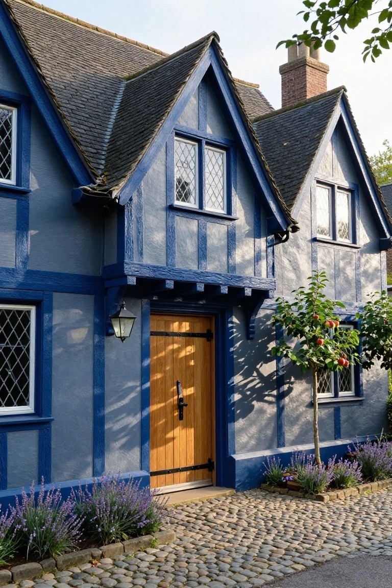 Two-story half-timbered house exterior painted grey with dark blue timbers, oak front door, lantern light, lavender border plants, apple tree, and pebble stone path.