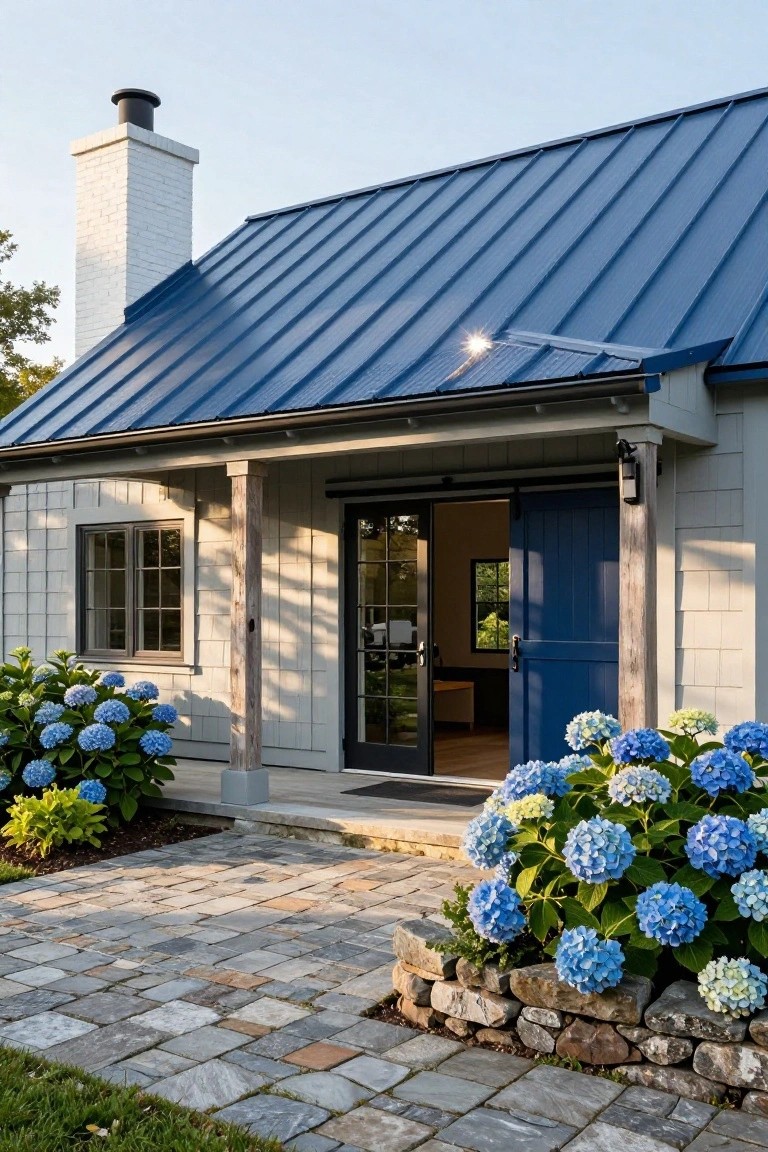 Small light grey shingled house with blue metal roof, blue sliding barn door entry on a porch, flanked by large blue hydrangea bushes beside a stone pathway.