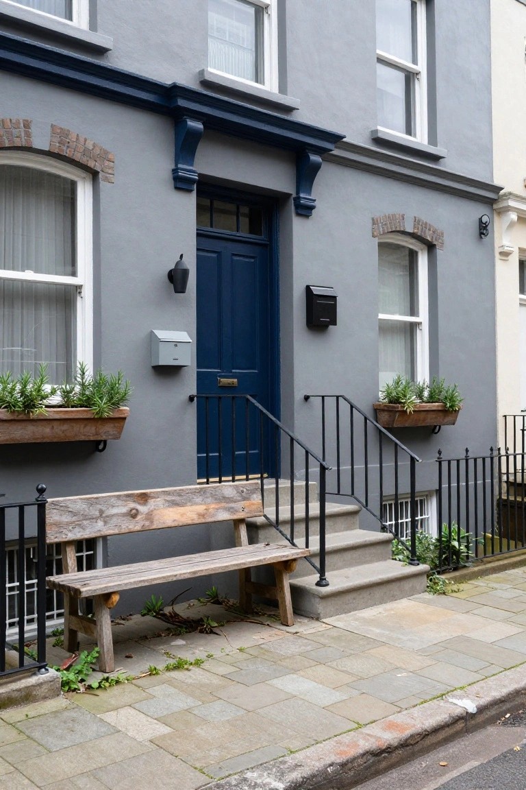 Grey two-story terraced house exterior featuring a navy blue front door with brass knocker, black metal steps and railing, wooden herb planters on windowsills, a grey mailbox, black wall light, and a weathered wooden bench at the base beside a paved walkway.