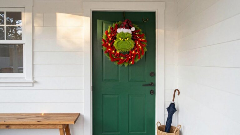Green front door on a white house with a large Grinch face wreath wearing a red plaid Santa hat, decorated with pine branches, red berries, and fairy lights, next to a wooden bench holding an umbrella and basket.