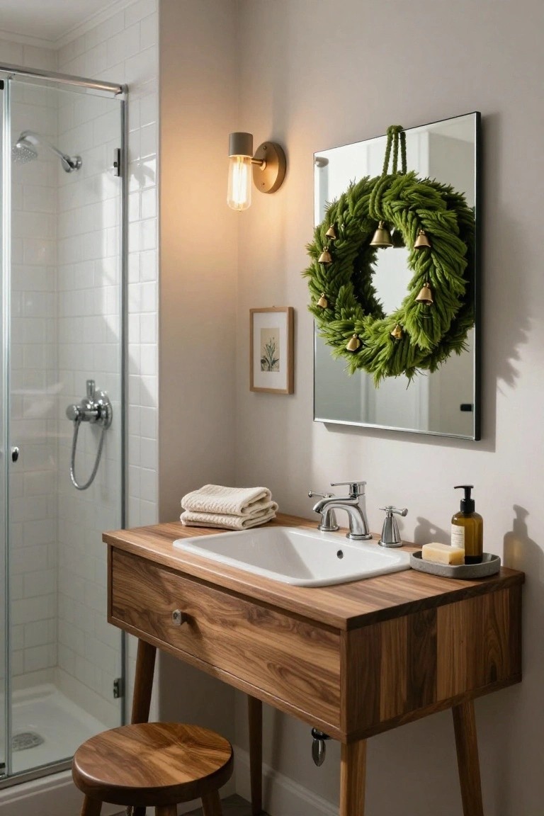 Bathroom with glass shower enclosure, white subway tiles, wooden vanity and sink, folded beige towels, small framed artwork, wall light, and green wreath with gold bells hanging on rectangular mirror above the sink.