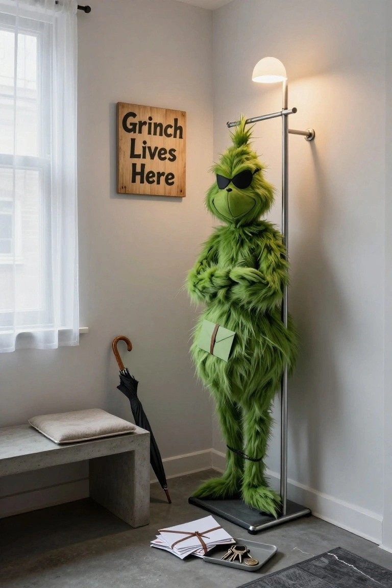 Entryway corner featuring a life-size green Grinch costume with arms crossed holding a letter, next to a wooden sign reading 