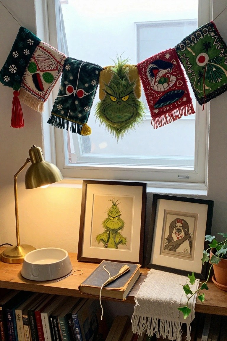 Indoor wooden shelf holding books, a white dog bowl, brass lamp, picture frames with Grinch drawing and dog portrait, and above the window a garland of colorful embroidered Grinch fabric panels with tassels and central plush Grinch face.