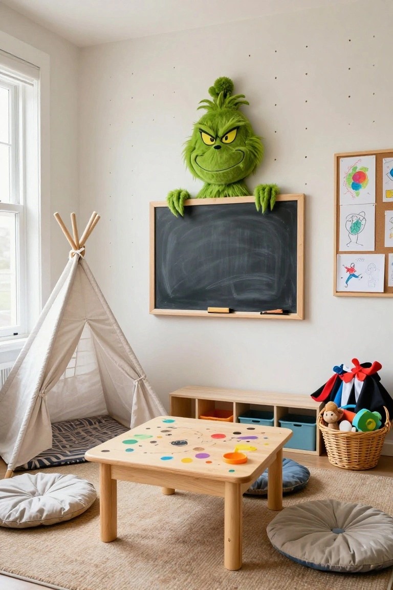 Children's playroom featuring a large Grinch plush toy hanging over a wooden-framed chalkboard, with a beige teepee, colorful play table, cushions, toy baskets, and children's artwork on a bulletin board.
