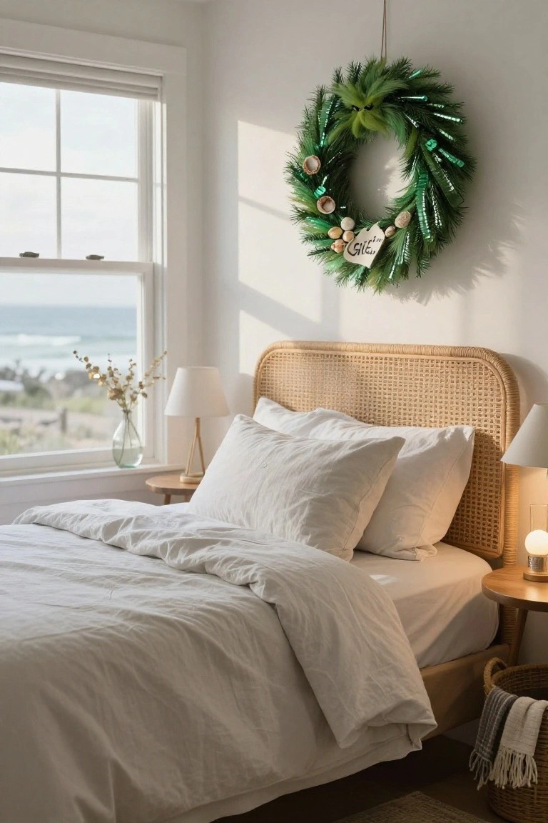 Coastal bedroom featuring a rattan bed with white linens, Grinch-faced green Christmas wreath on white wall above bed, ocean view window, lamps on side tables, and basket by bed.