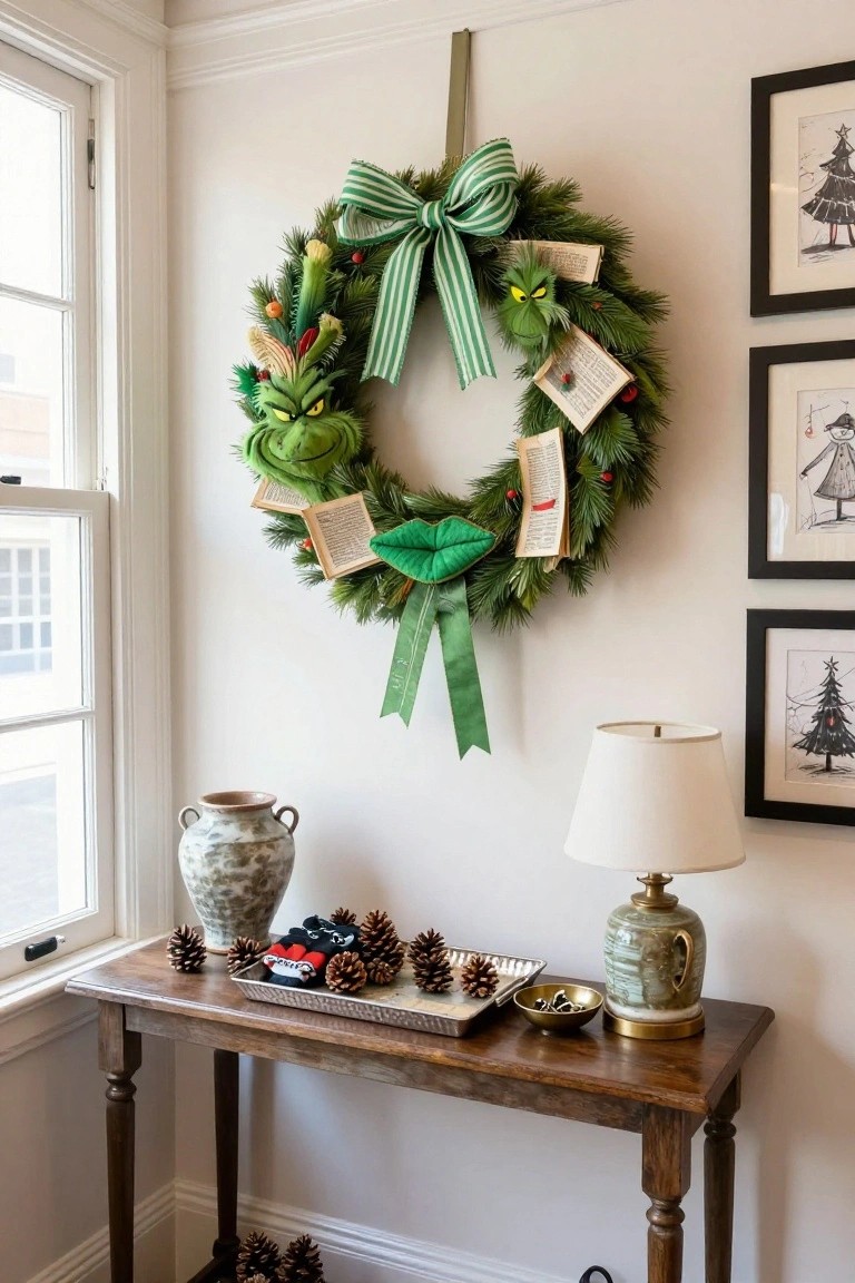 Grinch Christmas wreath with green face, book pages, and red bow hanging on white wall above wooden console table holding pinecones, black socks, lamp, and vase in room corner with windows and framed art.