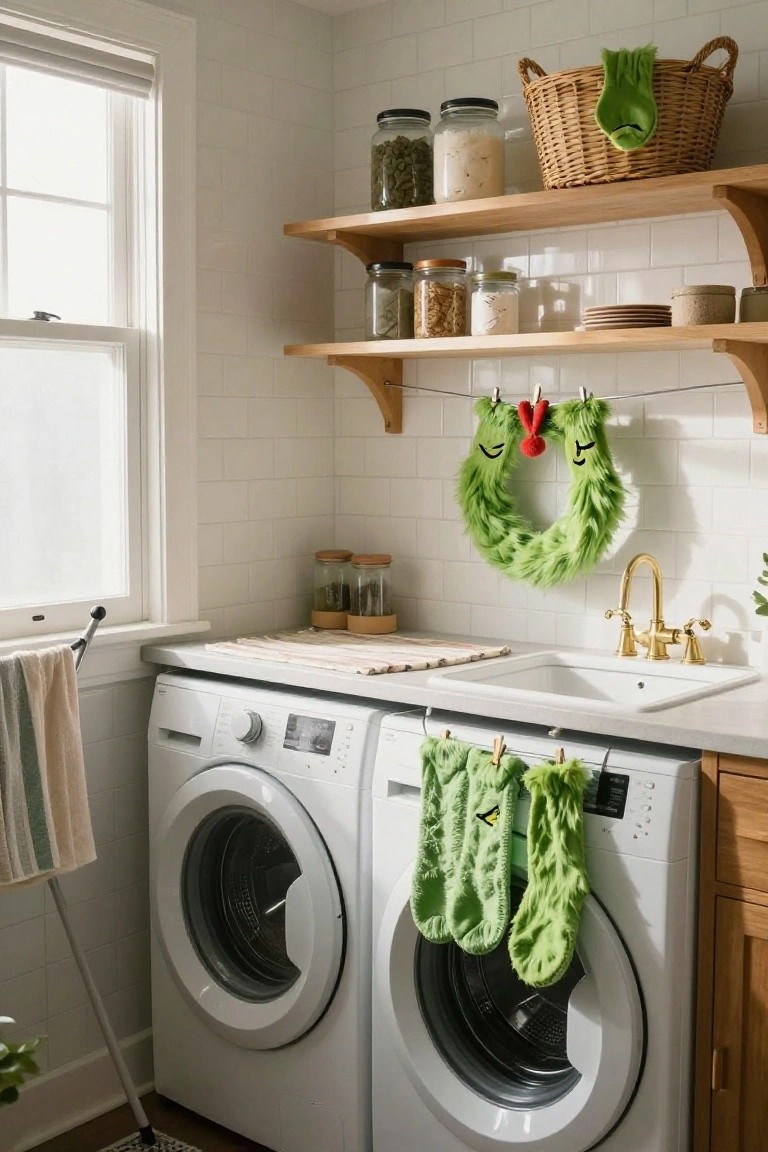 Laundry room featuring two white front-loading washers and dryers with green fuzzy Grinch stockings hanging on them, a green fuzzy Grinch face wreath on the white tiled wall above the sink, wooden shelves stocked with jars, and a window with blinds.