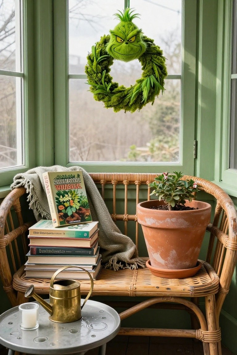 Grinch wreath made of green moss hangs centered in a green bay window above a rattan chair piled with books and a blanket, next to a potted plant and brass watering can on a small metal table.