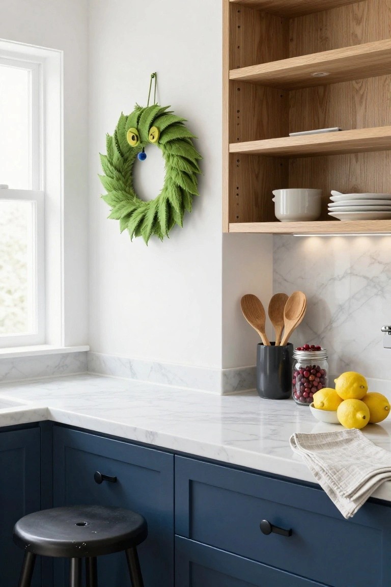 Green leafy Grinch wreath with yellow eyes and blue nose hangs on white wall in kitchen with open oak shelves, navy cabinets, white marble counters, wooden spoons in black jar, jar of cranberries, lemons in bowl, and black stool.
