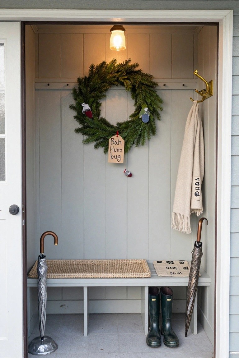Open interior mudroom with gray paneled walls, a green Christmas wreath featuring a white mitten and 