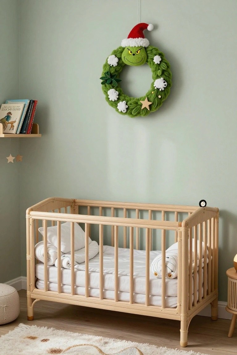 Plush green Grinch face wreath with red Santa hat hanging on light green nursery wall above wooden crib with white bedding, bookshelves, and rug on floor.
