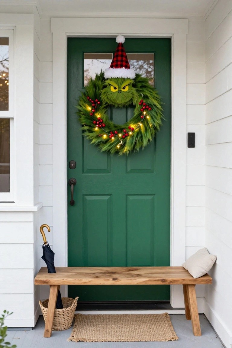 Green front door on a white house with a large Grinch face wreath wearing a red plaid Santa hat, decorated with pine branches, red berries, and fairy lights, next to a wooden bench holding an umbrella and basket.