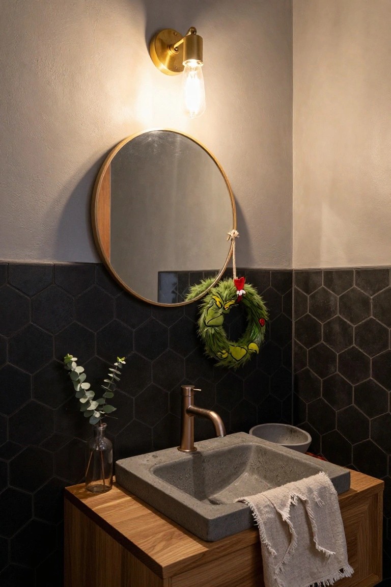Modern bathroom corner featuring black hexagonal wall tiles, round gold-framed mirror with green Grinch Christmas wreath hanging from it, concrete sink in wooden vanity, copper faucet, gold wall sconce, eucalyptus in glass bottle, and linen towel draped over vanity edge.