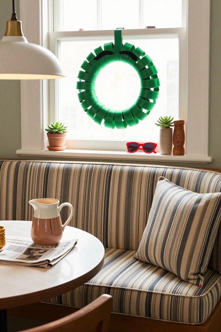 Cozy breakfast nook interior with striped bench seating, round wooden table holding a cream pitcher and newspaper, green looped wreath on window sill next to small plants, red sunglasses, and wooden pepper mill.