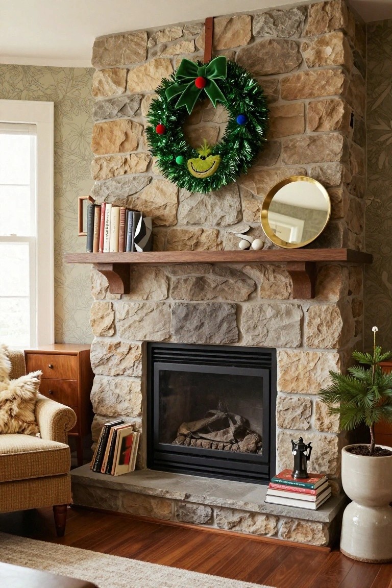 Stone fireplace in a living room with wooden mantel displaying books, a gold mirror, white shells, and stacked books on the hearth; Grinch Christmas wreath with green face hangs on the stone above; beige armchair and potted fir nearby.