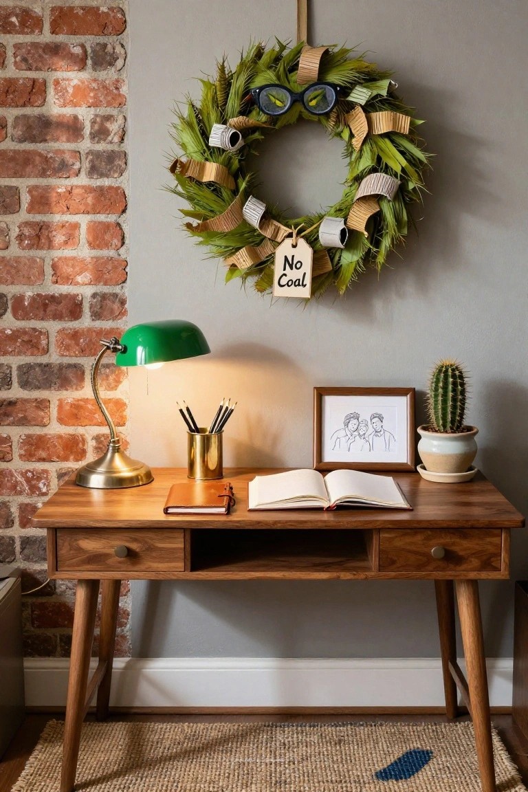 Brick interior wall with a Grinch-themed wreath featuring green sunglasses and 