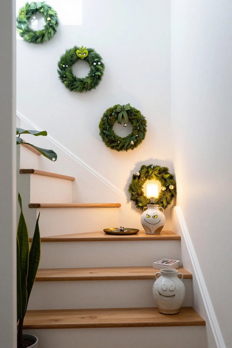 White interior staircase with wooden steps lined by a tall potted plant, small dishes and stacks of cards on landings, and green evergreen wreaths featuring Grinch faces hanging on walls, plus two white ceramic vases painted with Grinch expressions placed on steps.