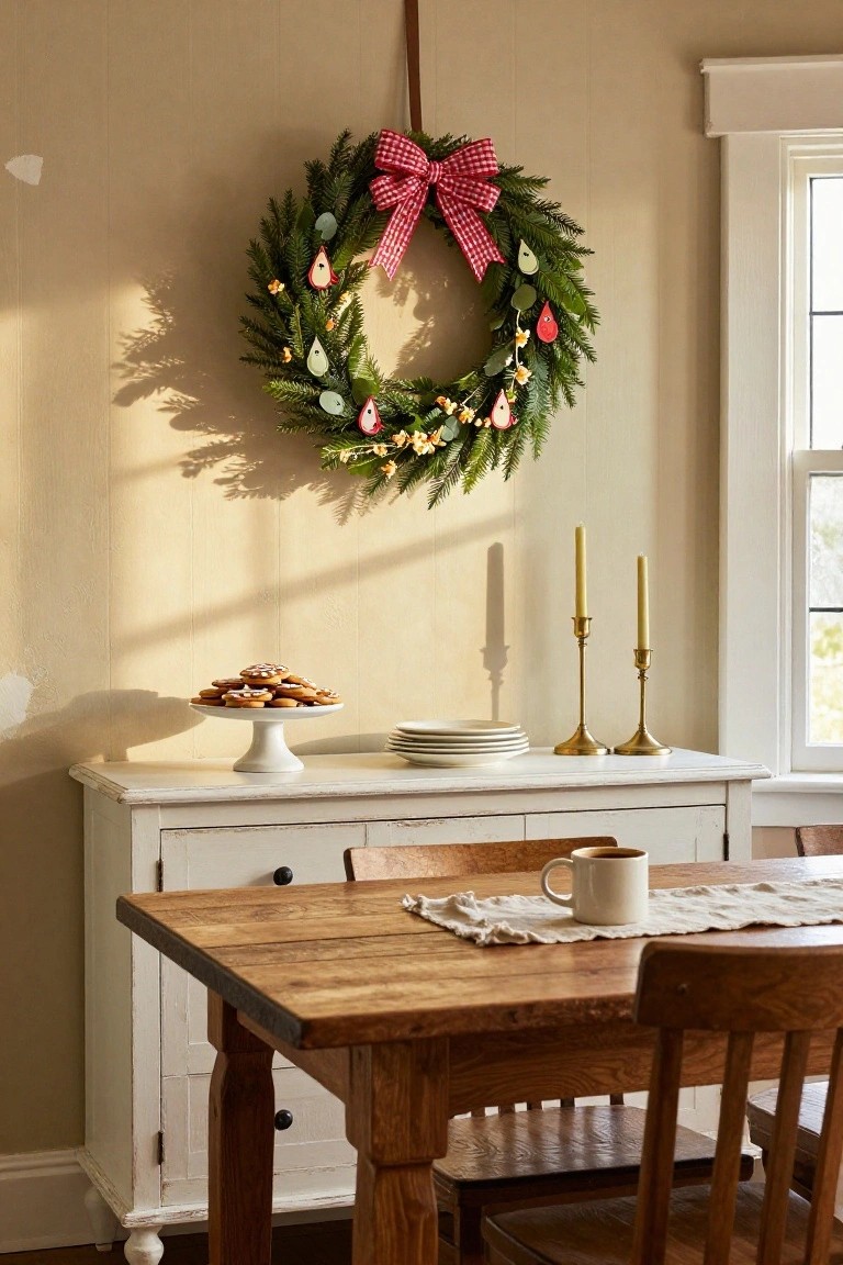 Christmas wreath of greenery, colorful ornaments including pears and birds, and red plaid bow hanging on beige wall above white sideboard with plate of cookies on pedestal, white plates, gold candlesticks, next to wooden dining table with white mug, chairs, and window in cozy room.
