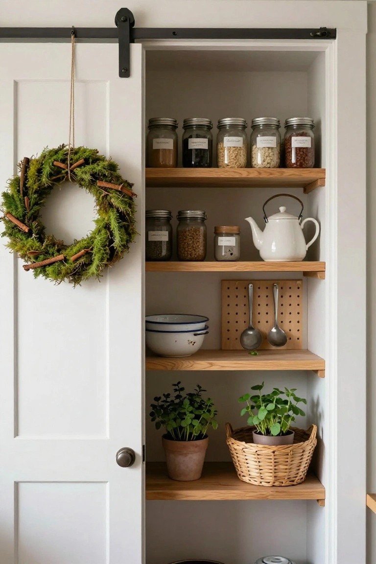 Open white sliding pantry door with a green moss wreath accented by cinnamon sticks hanging from rope on the inside, wooden shelves holding glass jars of grains and spices, a white teapot, utensils on a pegboard, potted plants, and woven baskets.