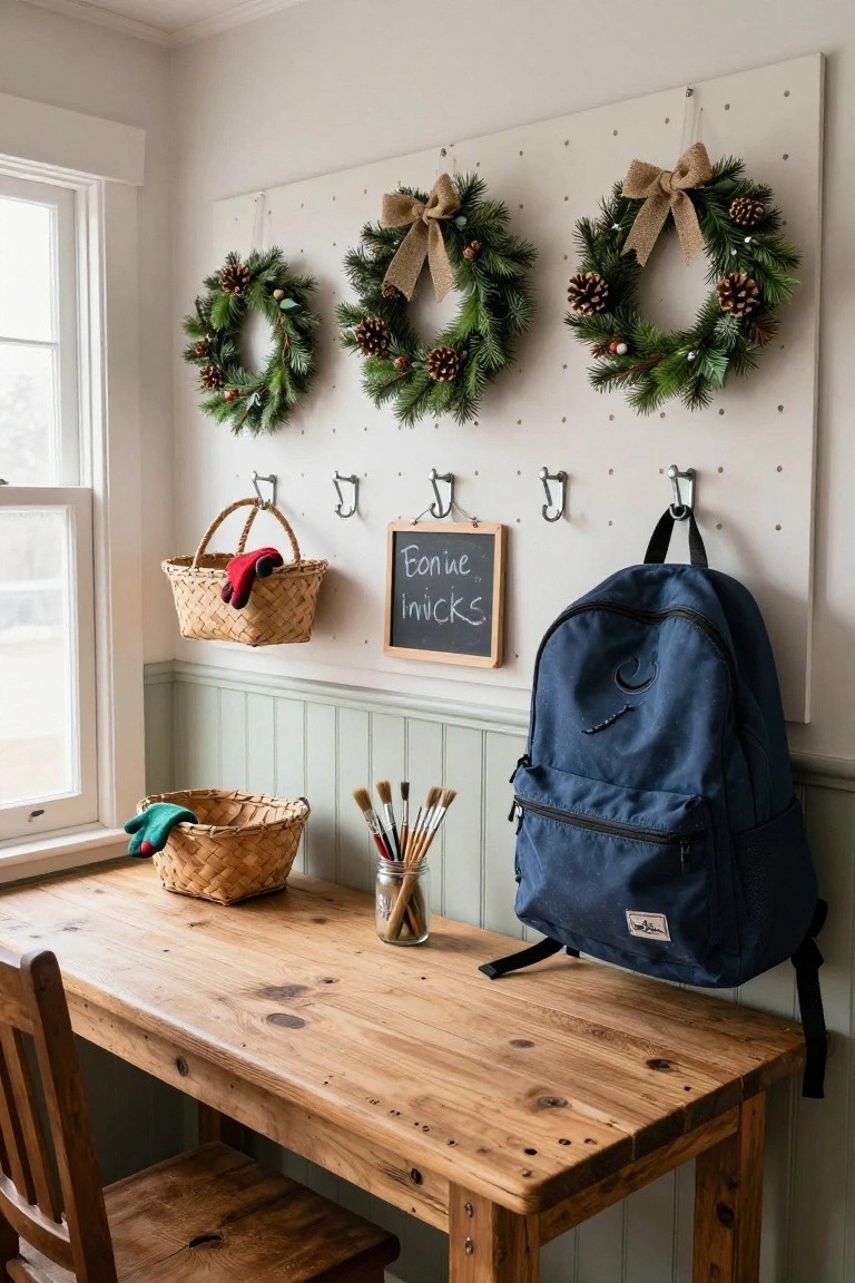 Cozy interior workspace featuring a wooden desk, two chairs, woven baskets with gloves, paintbrushes in a jar, a navy backpack, small chalkboard, and four evergreen Christmas wreaths with pinecones and bows hung on hooks attached to a white pegboard wall next to a window.