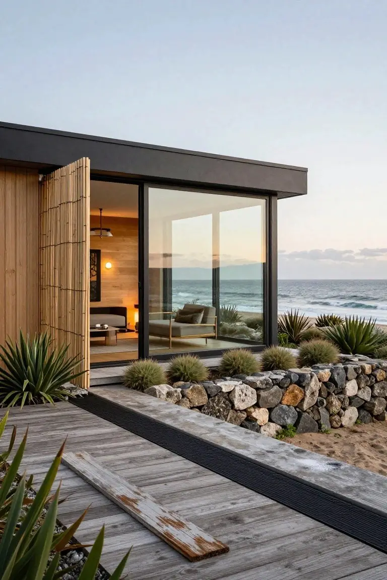Modern house exterior corner featuring large black-framed glass walls and doors, open vertical bamboo screen, wooden deck pathway, stone retaining wall, grasses and agave plants, with ocean view through the glass.
