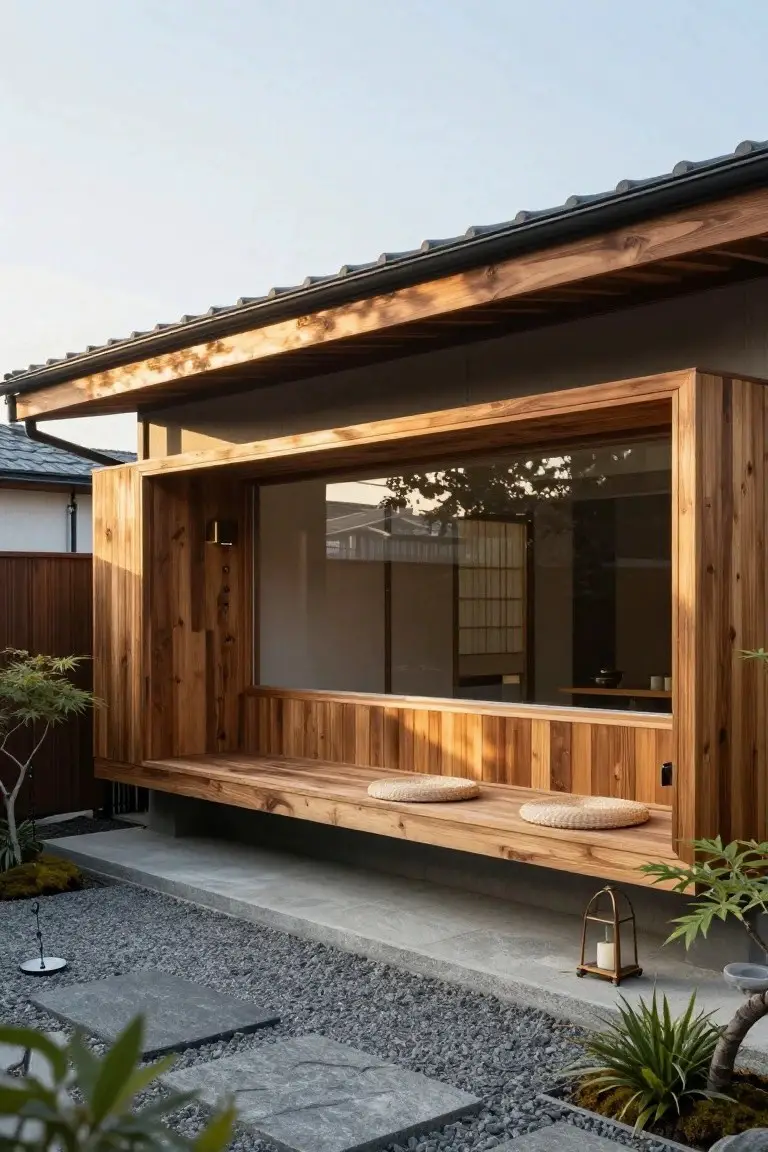 Exterior of a Japanese-style wooden house with a large framed window featuring a built-in bench seat, cushions on the bench, gravel ground cover, stone path, and nearby plants.