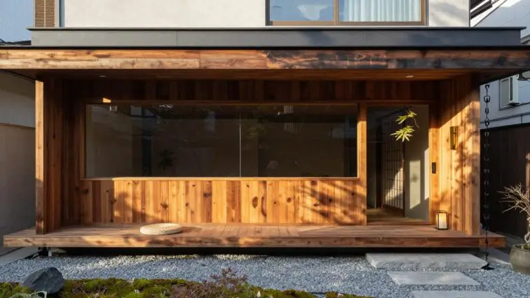 Exterior of a Japanese-style wooden house with a large framed window featuring a built-in bench seat, cushions on the bench, gravel ground cover, stone path, and nearby plants.