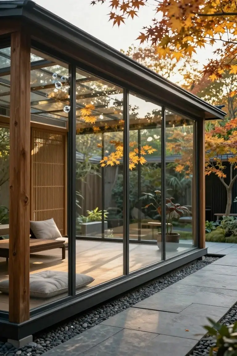Wooden pavilion structure with black-framed floor-to-ceiling glass walls, a shoji screen panel, beige cushions on the floor inside, surrounded by garden plants, pebbles, stone path, and orange maple trees in autumn light.