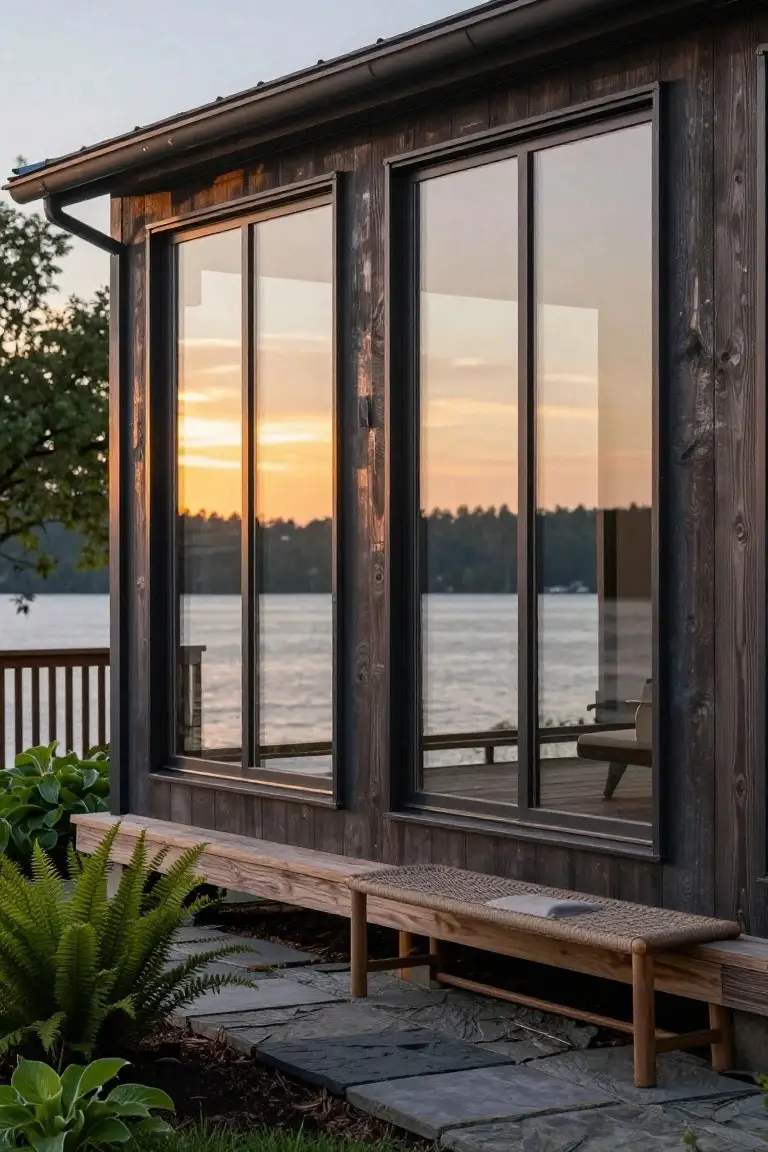Dark wood-clad exterior wall of a house featuring two tall sliding glass windows overlooking a lake at sunset, with a wooden bench on stone pavers in front surrounded by green plants.