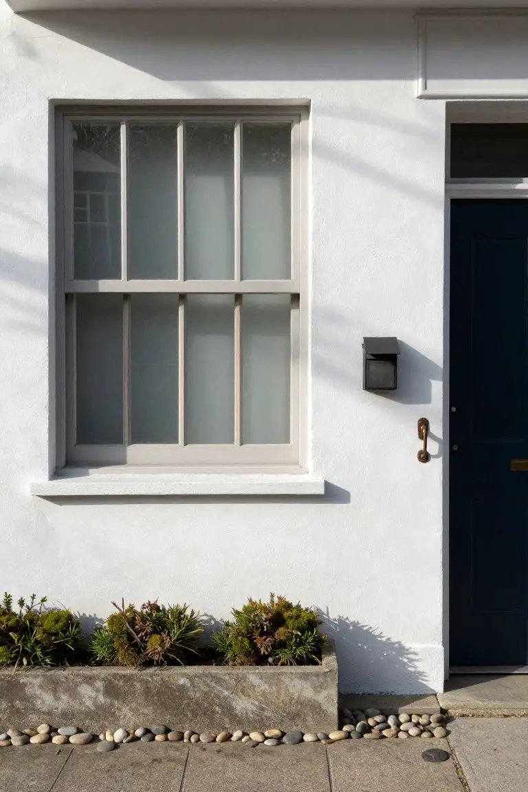White stucco house exterior with a tall frosted multi-pane sash window, dark blue front door with brass knocker and letterbox, planter box of greenery at the base, and pebble border on the sidewalk.