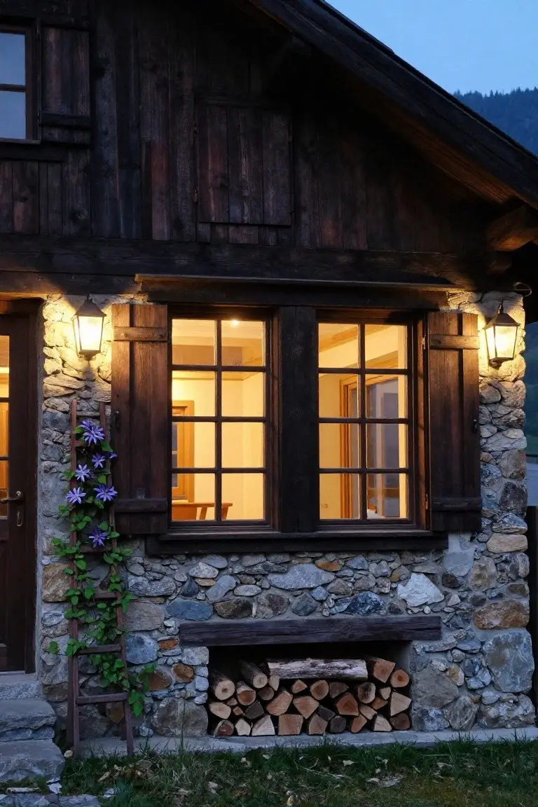 Twilight view of a chalet-style house exterior with stone base, dark wood shutters on double-pane windows flanked by lit lanterns, stacked firewood bench, and purple flowering vine on a ladder.
