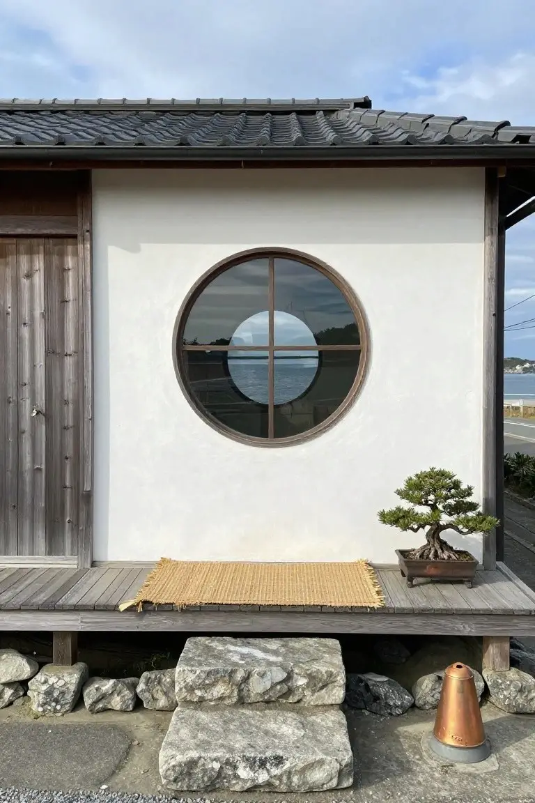 Japanese-style house exterior with white plaster walls, wooden sliding door, large round window with wooden cross mullions overlooking the sea, wooden porch holding a bonsai tree in a pot, stone steps, rocks, and a copper lantern on gravel ground.