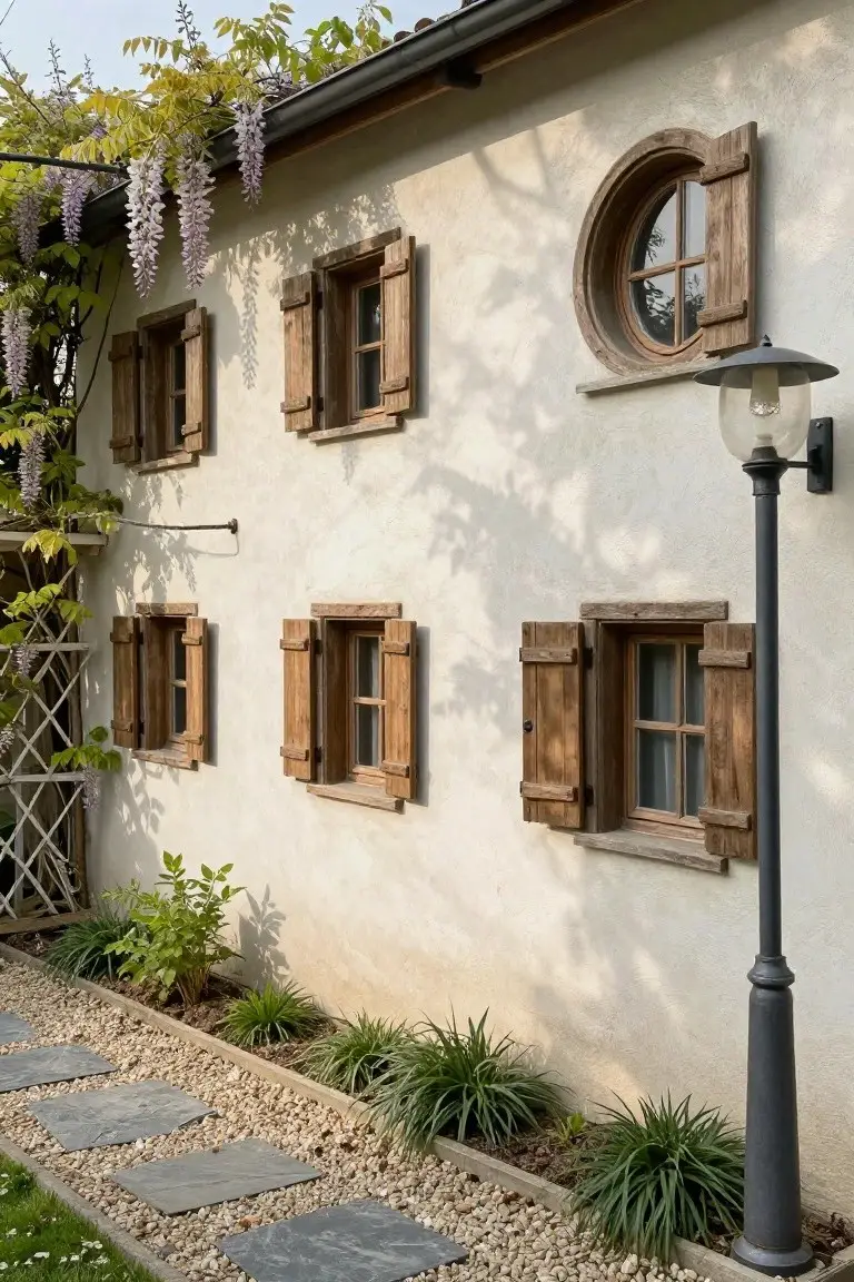 Beige stucco house wall with wooden shutters on rectangular and round windows, purple wisteria vines climbing nearby, black metal wall lantern, stone step path, gravel border, and low green plants along the base.