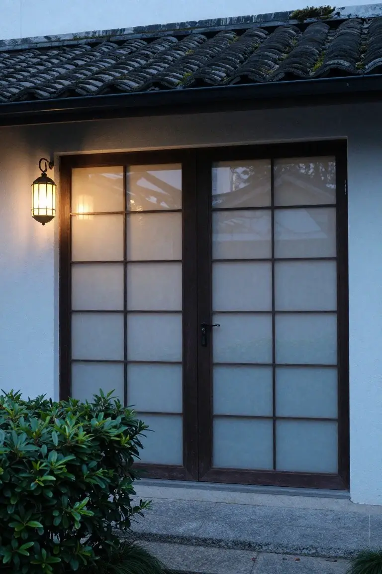 Exterior of a Japanese-style house showing brown-framed double sliding doors with white shoji grid panels, illuminated by a hanging lantern on the left, dark tiled roof above, white wall, green bushes, and stone steps in front.