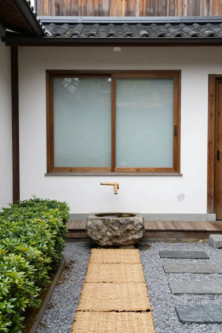 Exterior of a white-walled Japanese house with a large horizontal frosted glass sliding window, wooden sliding door, bamboo water spout over a stone basin, boxwood shrubs, tatami mat path on gravel, and gray stepping stones.
