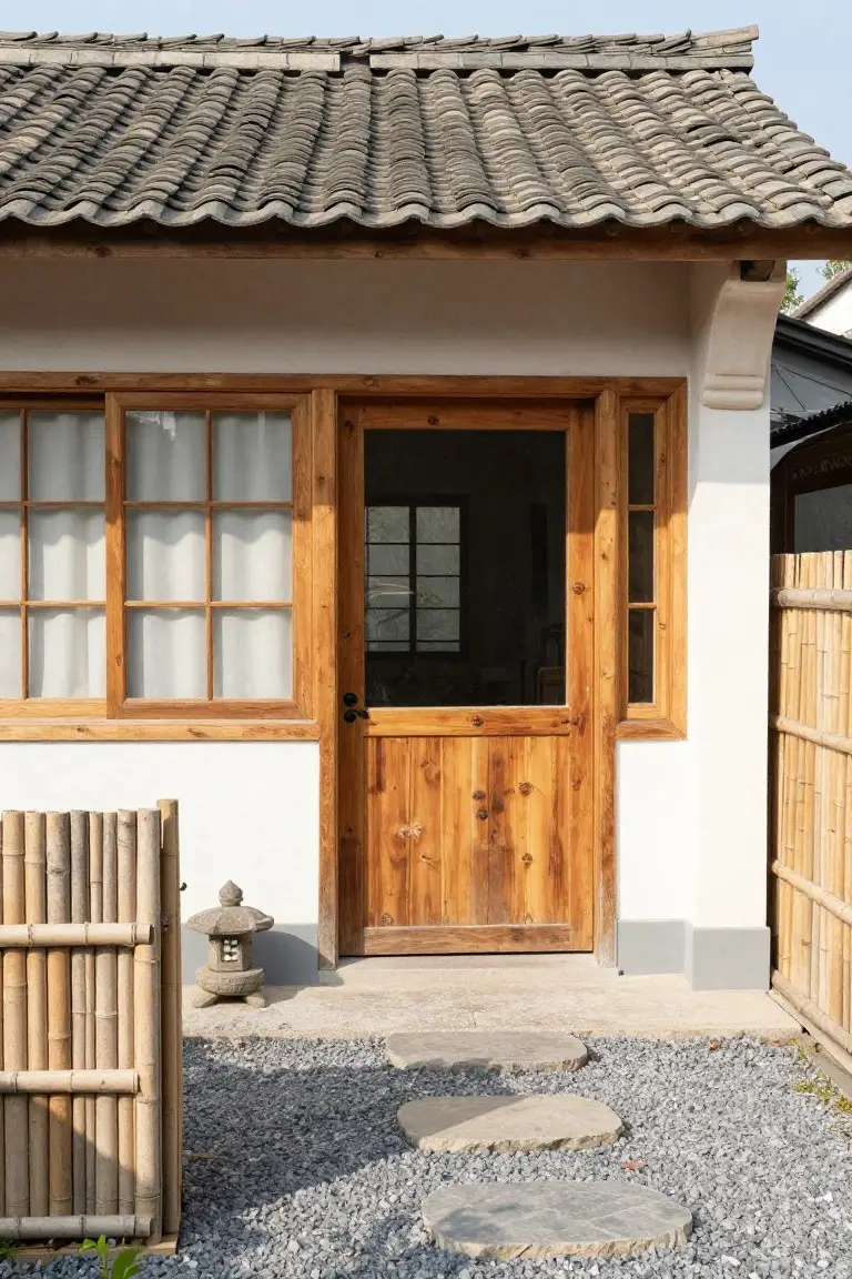 Exterior of a Japanese-style house showing a wooden double door entry next to a multi-pane wooden window with white shoji screens, white wall, bamboo fence, stone lantern, gravel ground, and irregular stone steps.