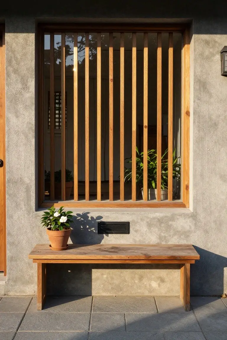 Exterior house wall of textured concrete with a rectangular window framed by vertical wooden slats, a terracotta pot with a flowering plant on a wooden bench below, and stone tile flooring.