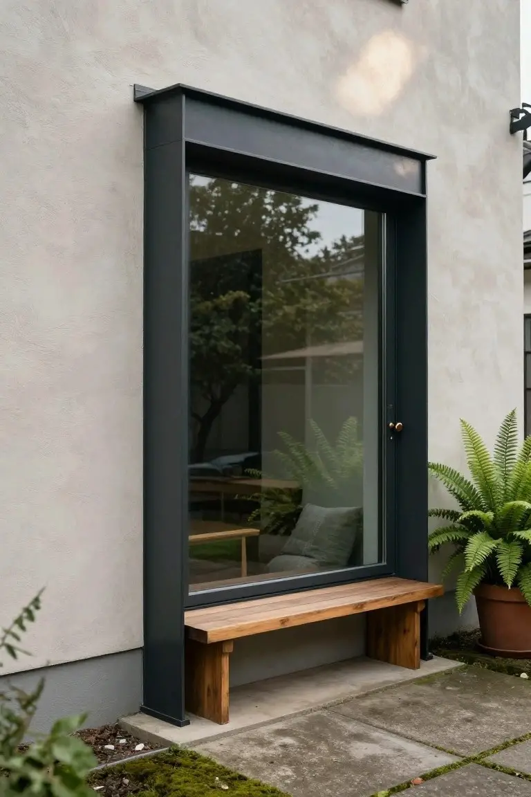 Tall black steel-framed glass window on a beige stucco house wall with an integrated wooden bench at the base, potted fern plant nearby, and paved patio ground.